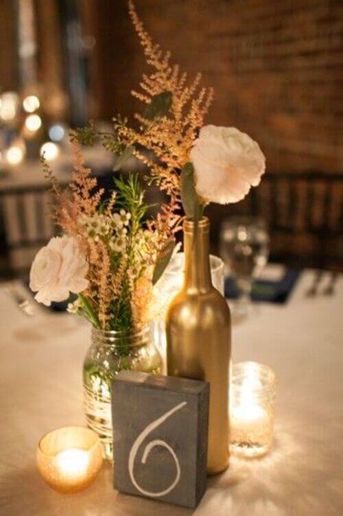 gold and green mason jar centerpiece