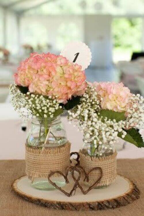 mason jar burlap ribbon centerpiece for wedding