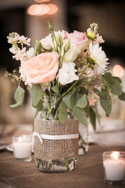 mason jar centerpiece with burlap