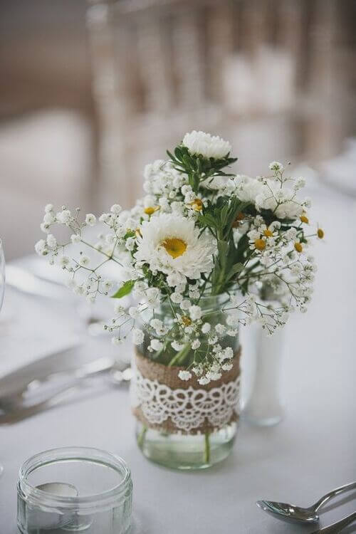 lace and burlap mason jar centerpiece for wedding