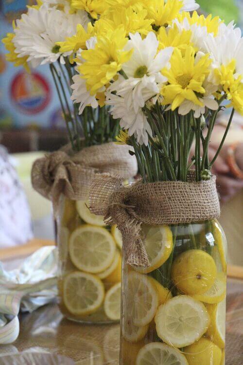 lemon themed mason jar wedding centerpiece