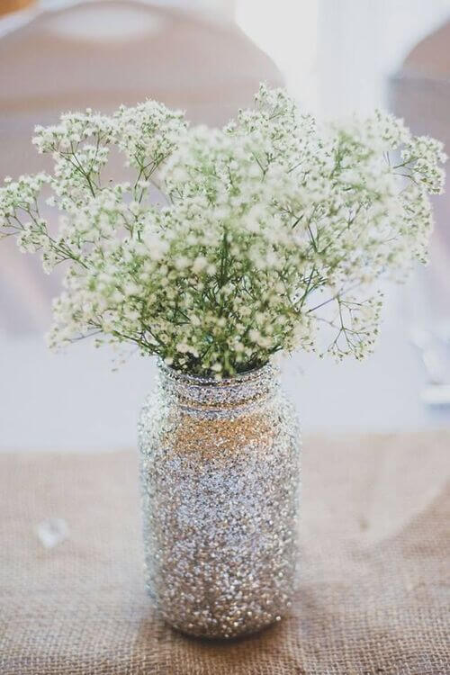 silver glitter wedding mason jar centerpiece