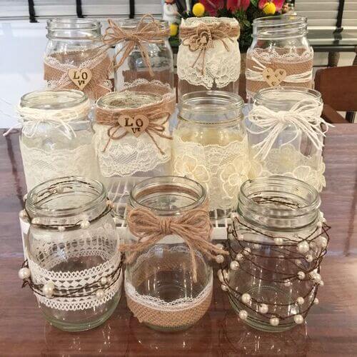wedding mason jar centerpiece with lace