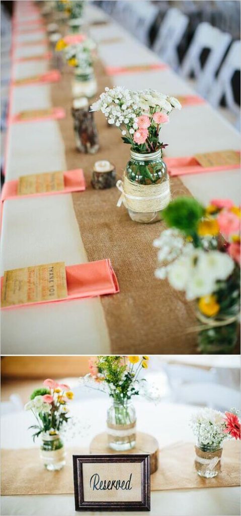 wedding table decor with mason jar and burlap