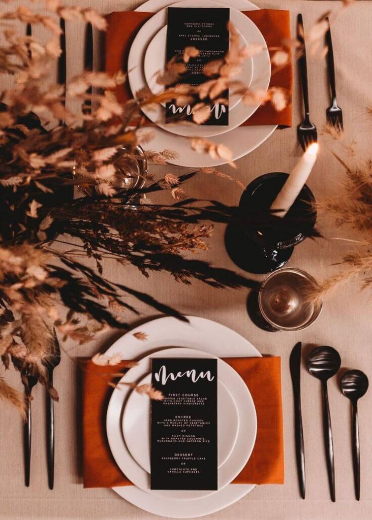 black and burnt orange wedding theme