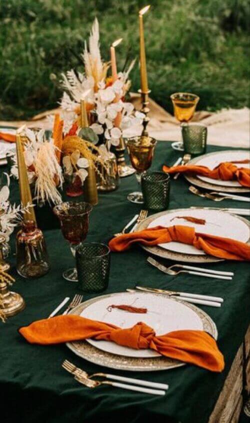 emerald and burnt orange wedding theme