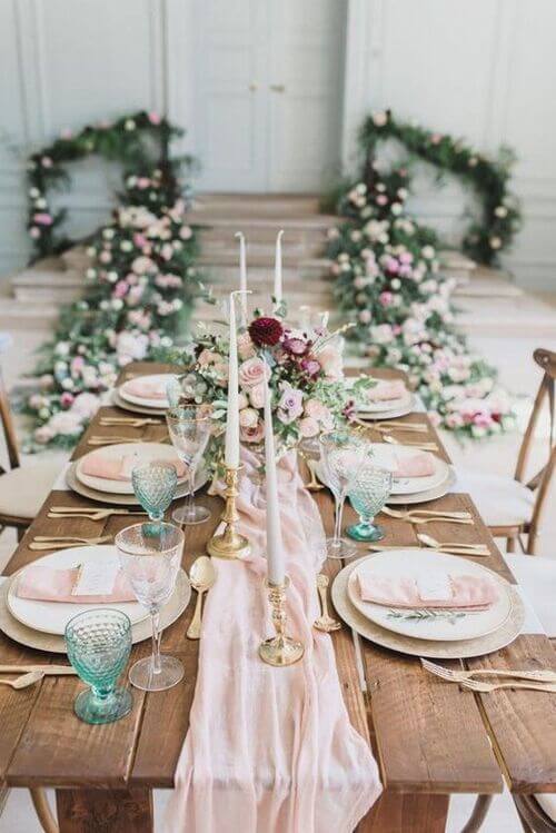 blush pink table runner and sage decor