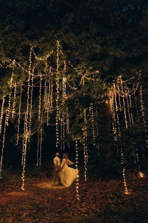 forest wedding with lights