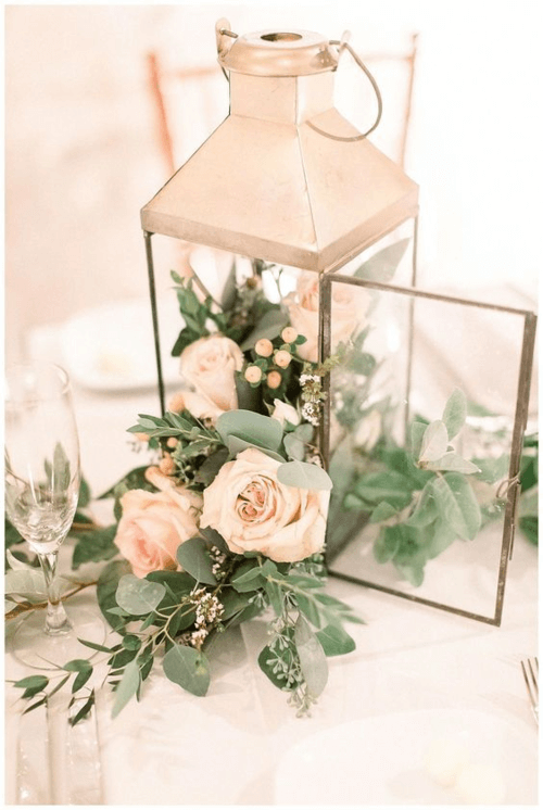 lantern wedding table centerpiece rose and sage
