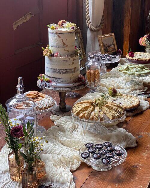 18 Upscale Rustic-themed Dessert Table with Antique Glassware