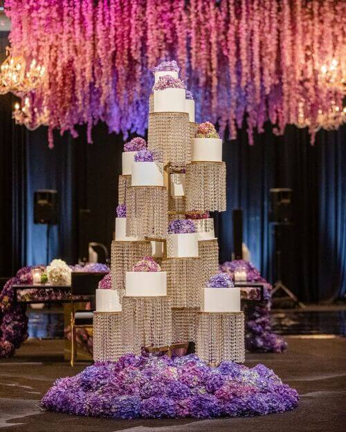 Tall Multi-tiered Wedding Cake with Purple Hydrangeas