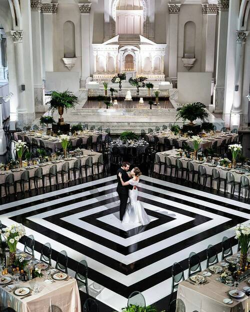 Black and white themed wedding dance floor 