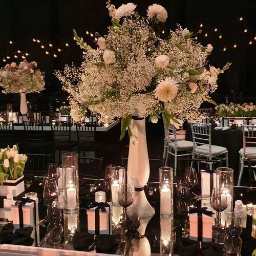 Black and white themed wedding table setting