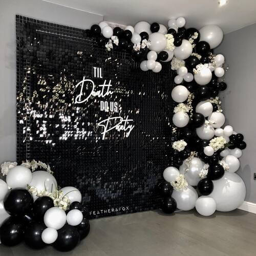 Black and white themed wedding picture backdrop