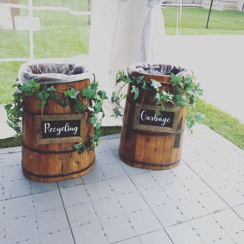Rustic wedding garbage and recycling bins
