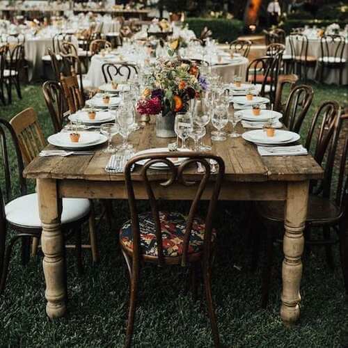 Rustic wedding reception table set up