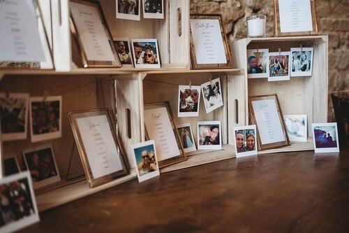 Shelves with photo display at wedding