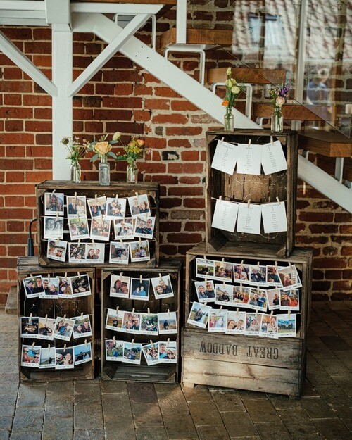 Crates with wedding photo display