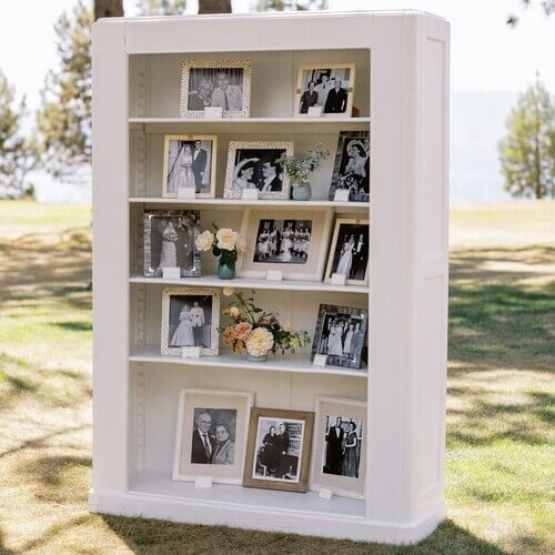 Shelf with wedding display photos at wedding