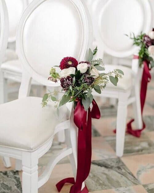 Maroon red ribbon wedding chair decor
