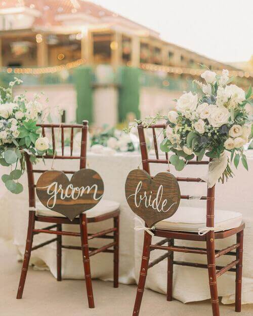Bride and groom signage wedding chair decor
