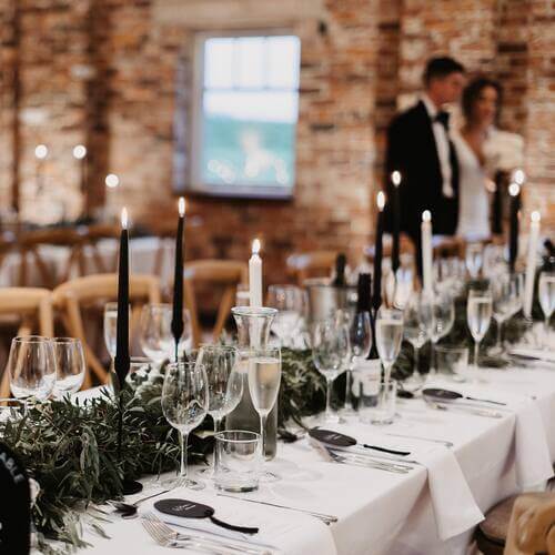 Black and white themed wedding table decor