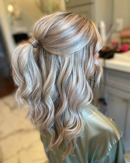 Half-up, half-down high ponytail bridesmaid hairstyle idea