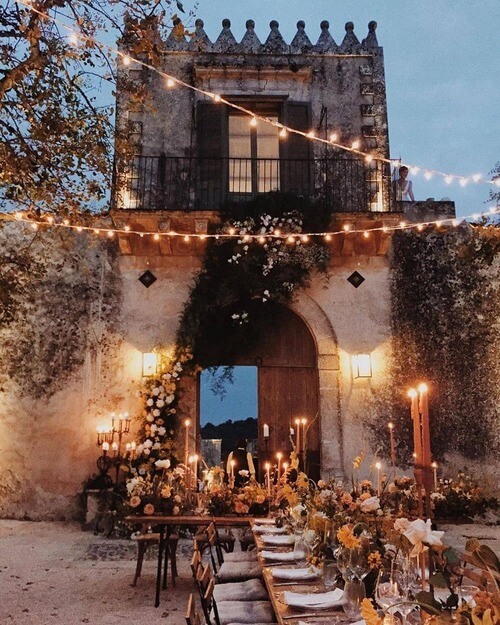 Fall wedding table scape with lights