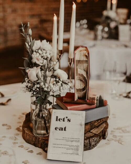 Rustic wedding table center piece with printed menu