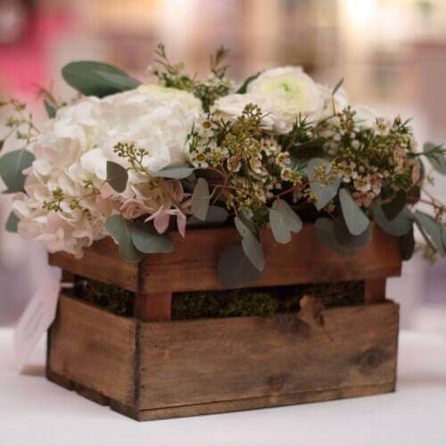 Rustic wedding table center piece wooden box with flowers