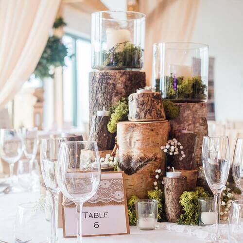 Rustic wedding table center piece tree stumps and moss