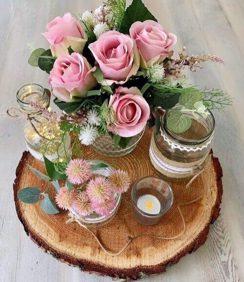 Rustic wedding table center piece pink roses