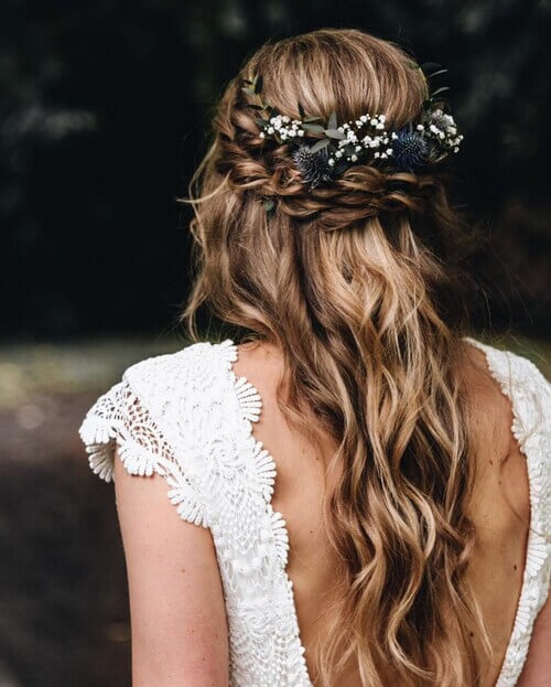 Flower crown romantic wedding hairstyle