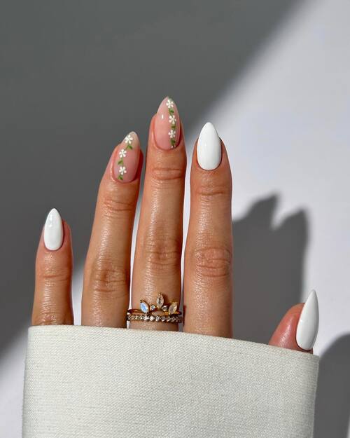 White and floral bridal nail design 