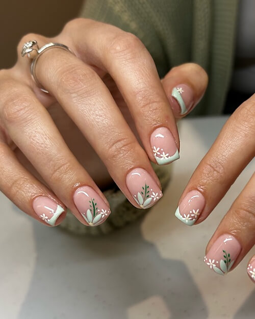 Corner floral design bridal nails