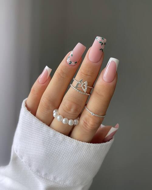 Bridal nails square edge with floral design